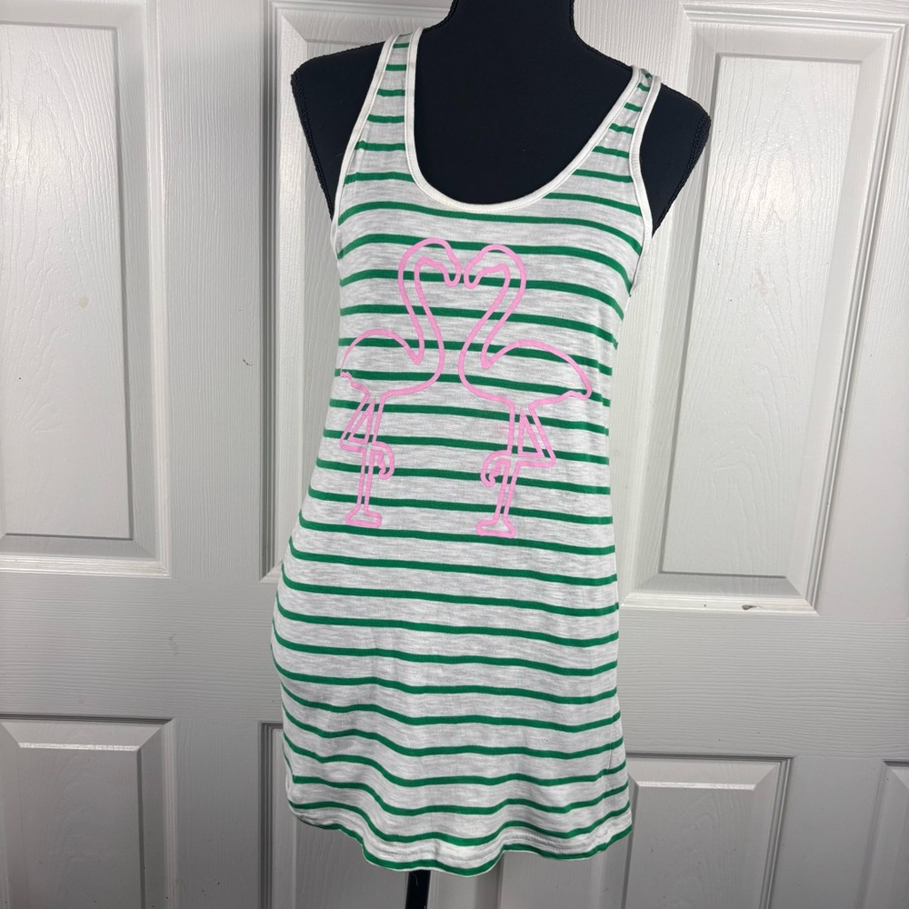 Macbeth Collection Green White Striped Pink Flamingo Long Tank Top Large NWT